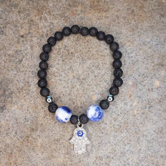 🤍3/$30 Agate Fatima Evil Eye Handmade Lava Bead Bracelet - Picture 2 of 4